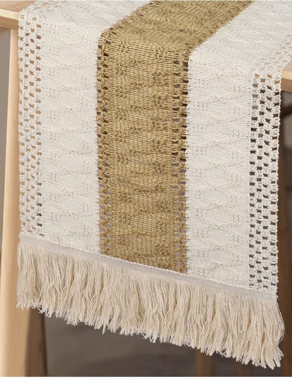 Woven Fringe Table Runner in Cream and Natural Tan